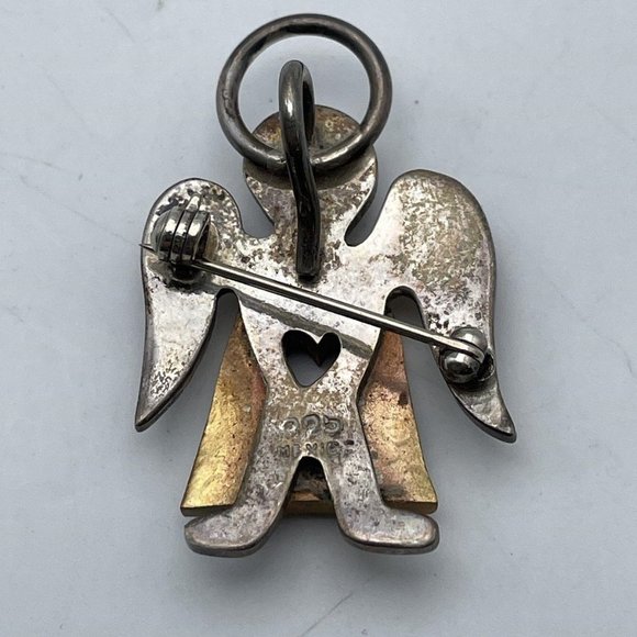 Sterling Steel Silver & Gold Tone Brass Small Angel Brooch With Heart & Halo - Picture 4 of 5